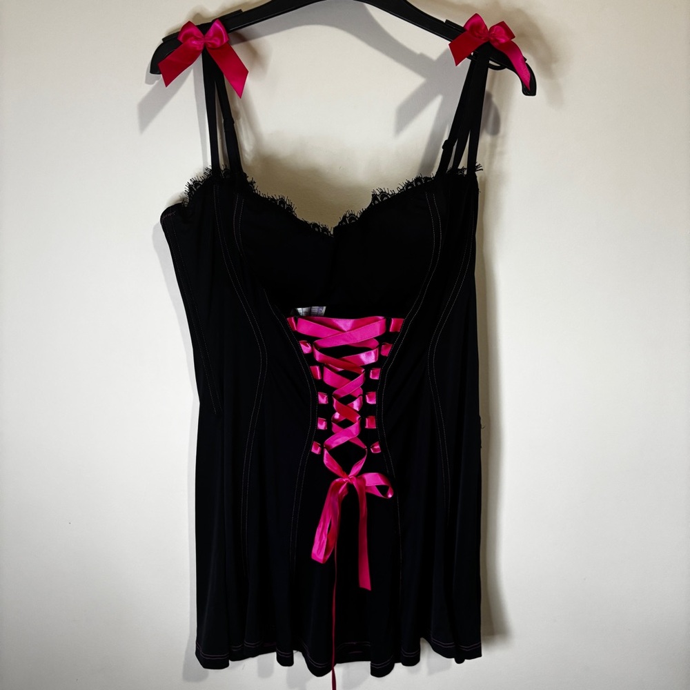 Y2K Vintage Intimate Attitudes Pink Ribbing Corset Lacing Babydoll Lingerie Mini